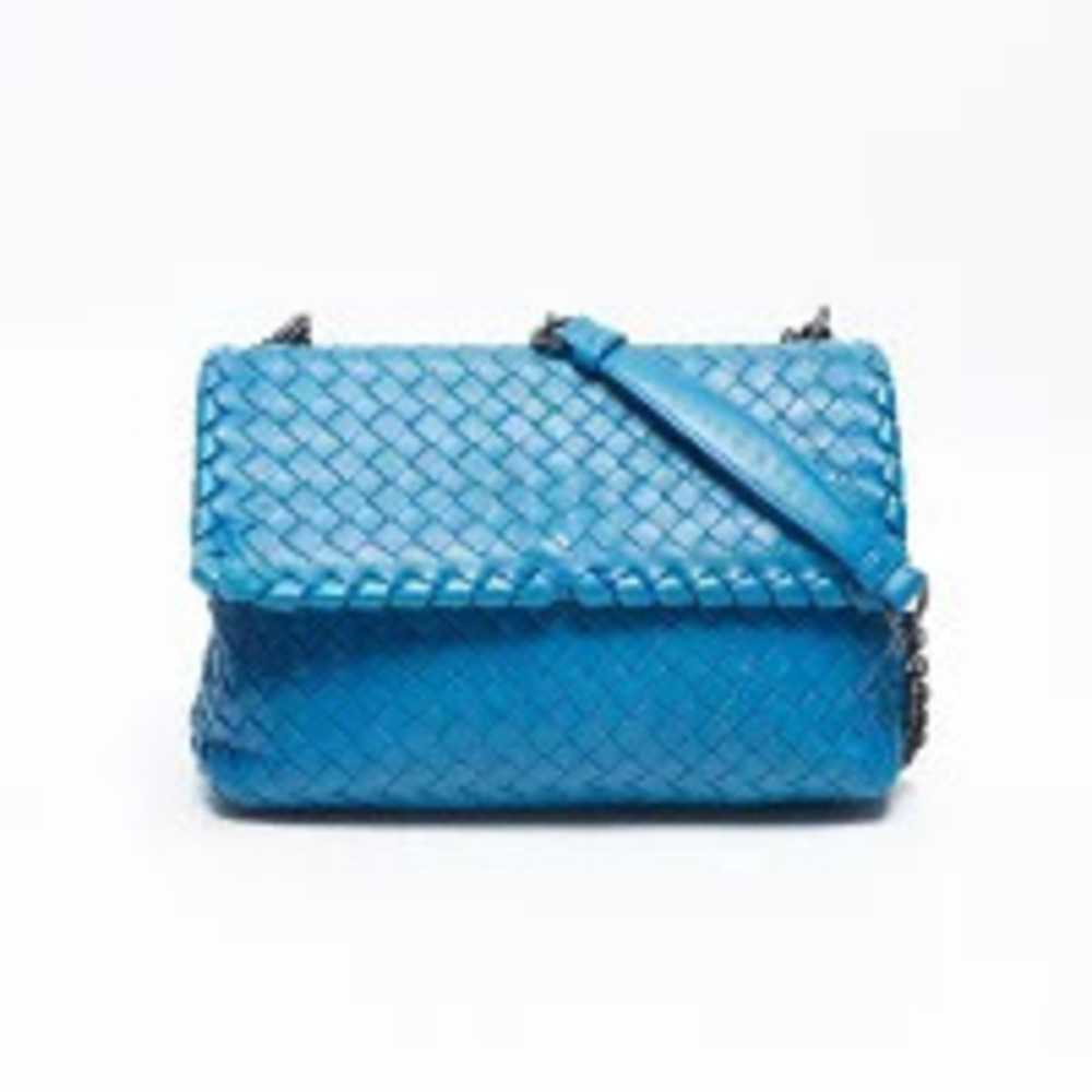 Bottega Veneta Intrecciato Leather Olympia Chain Shoulder Bag Blue